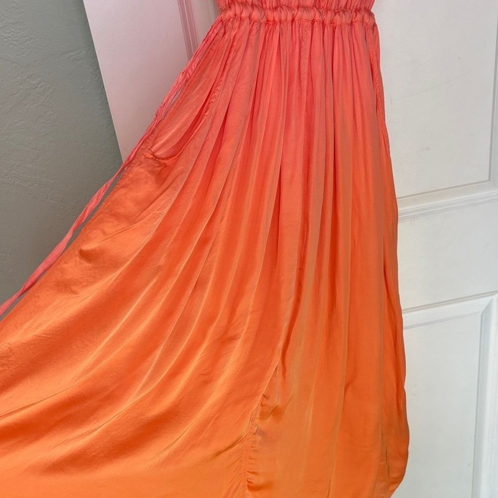 Raquel Allegra Daydream‎ Gathered Satin Maxi Dress In Orange Sunset Medium - Picture 4 of 12